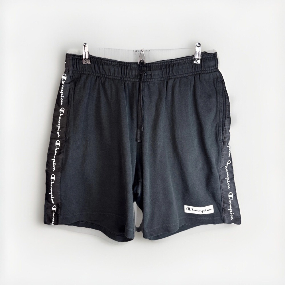Vintage Y2K Mens Champion Sweat Shorts L‎ Logo Heavyweight Black Cotton Lounge